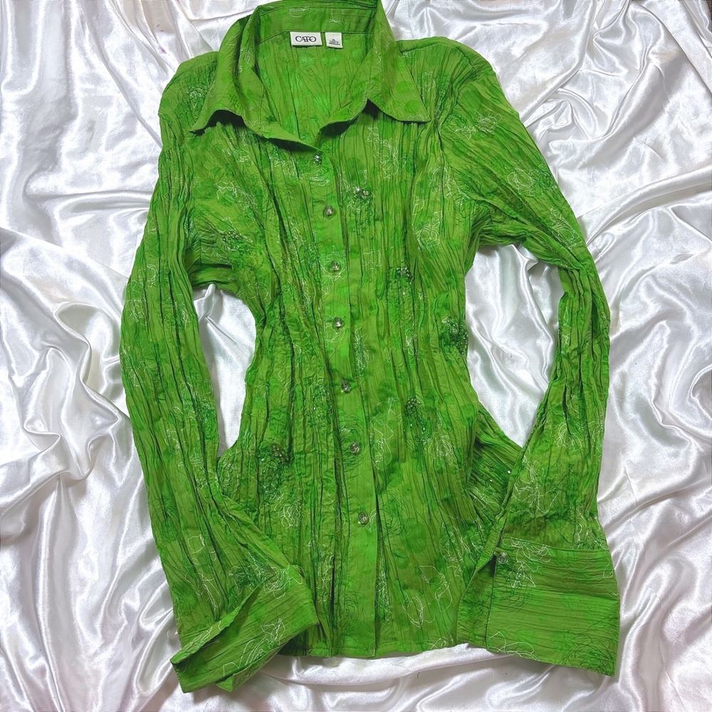 y2k Cato Button Down Shirt Green Good Crinkle Floral Beaded XL